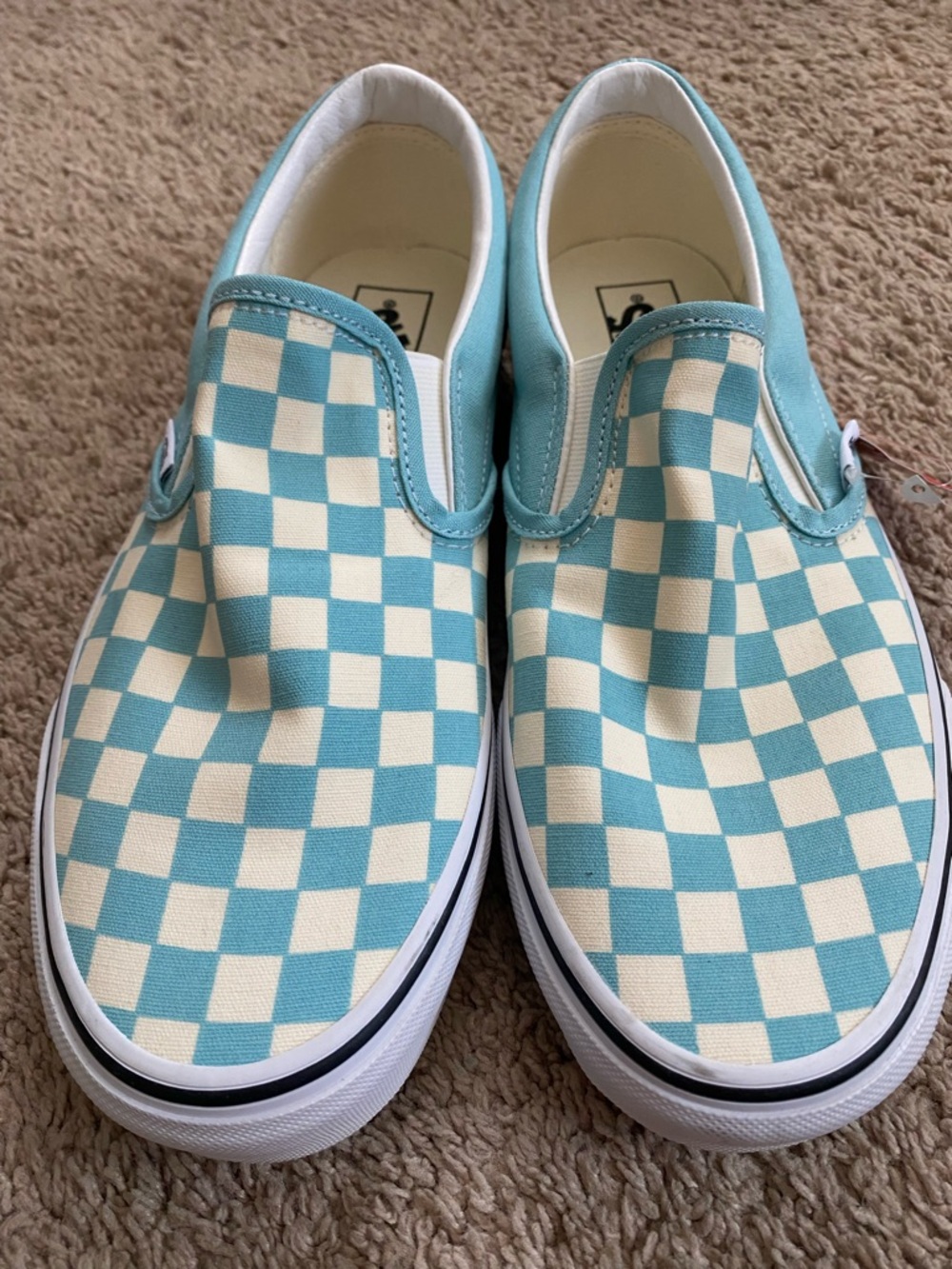 Vans Men’s  Slip-On Checkerboard Sneakers in Light Blue and Cream